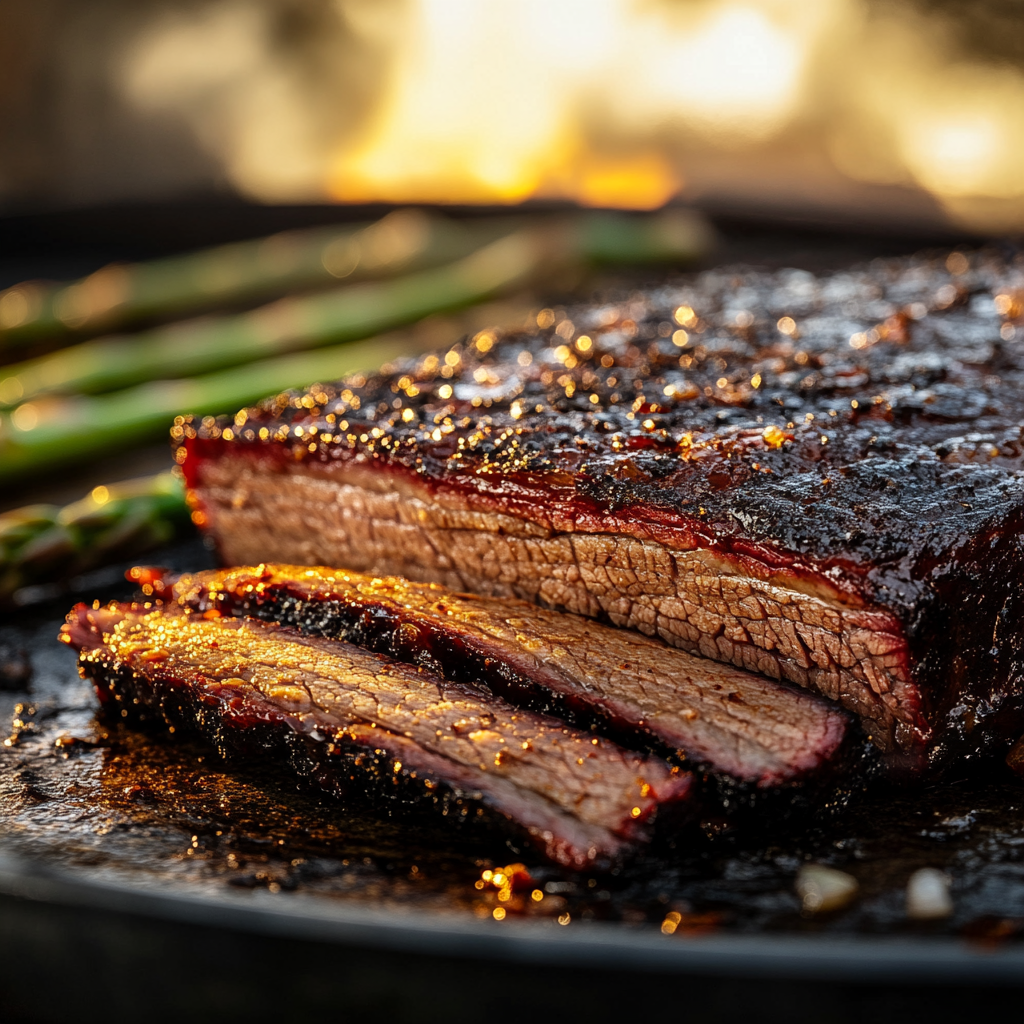 Rauchiges Brisket in Scheiben mit knuspriger Bark, saftiges Innenleben, auf einer Pfanne; grüne Spargelstangen im Hintergrund, Feuerlicht.