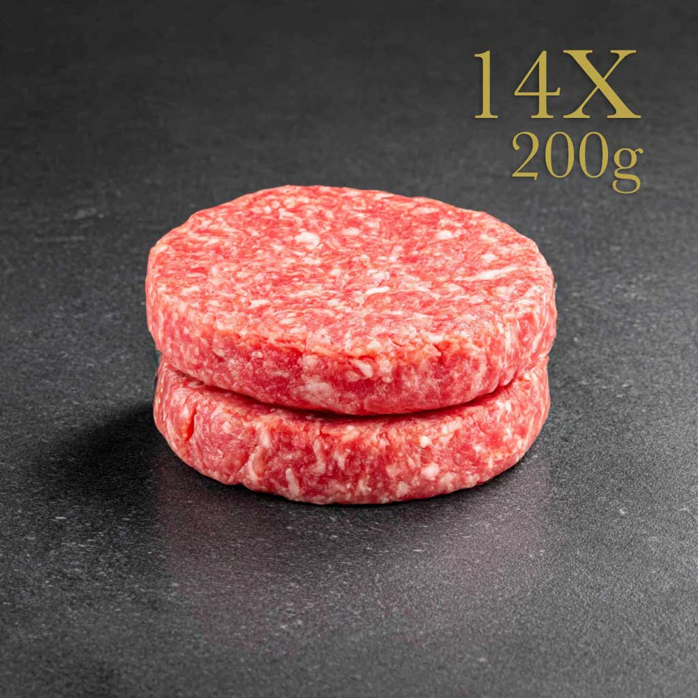 14 Burgerpatties á 200g - 2.8kg Gras-Fed Black Angus Dry Aged Burger Patties - 70/30 Mix