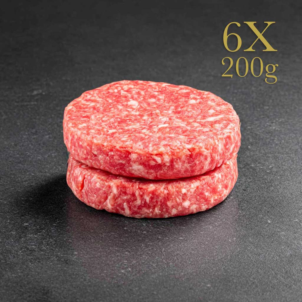 6 Burgerpatties á 200g - 1,2kg Gras-Fed Black Angus Dry Aged Burger Patties - 70/30 Mix