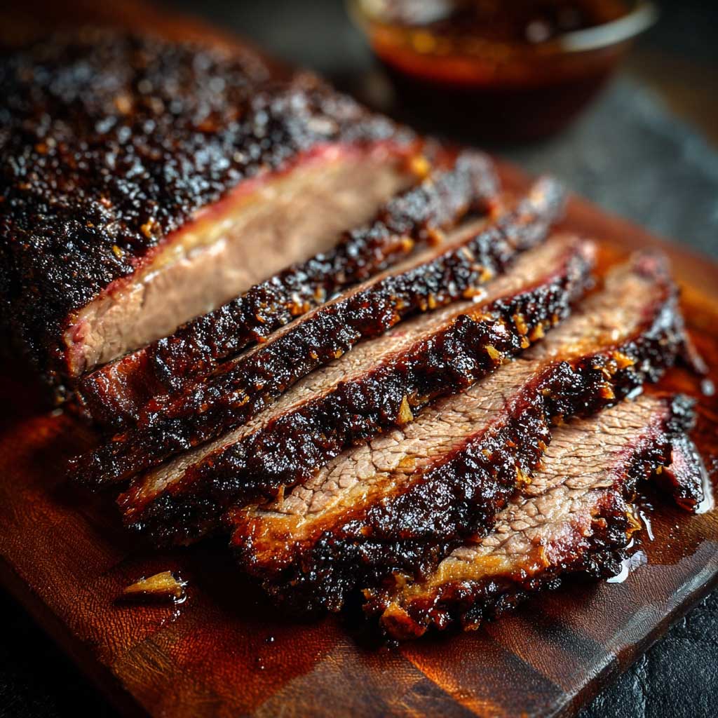 Brisket-Scheiben mit knuspriger, rauchiger Kruste auf Holzbrett, saftiges rotes Fleisch sichtbar.