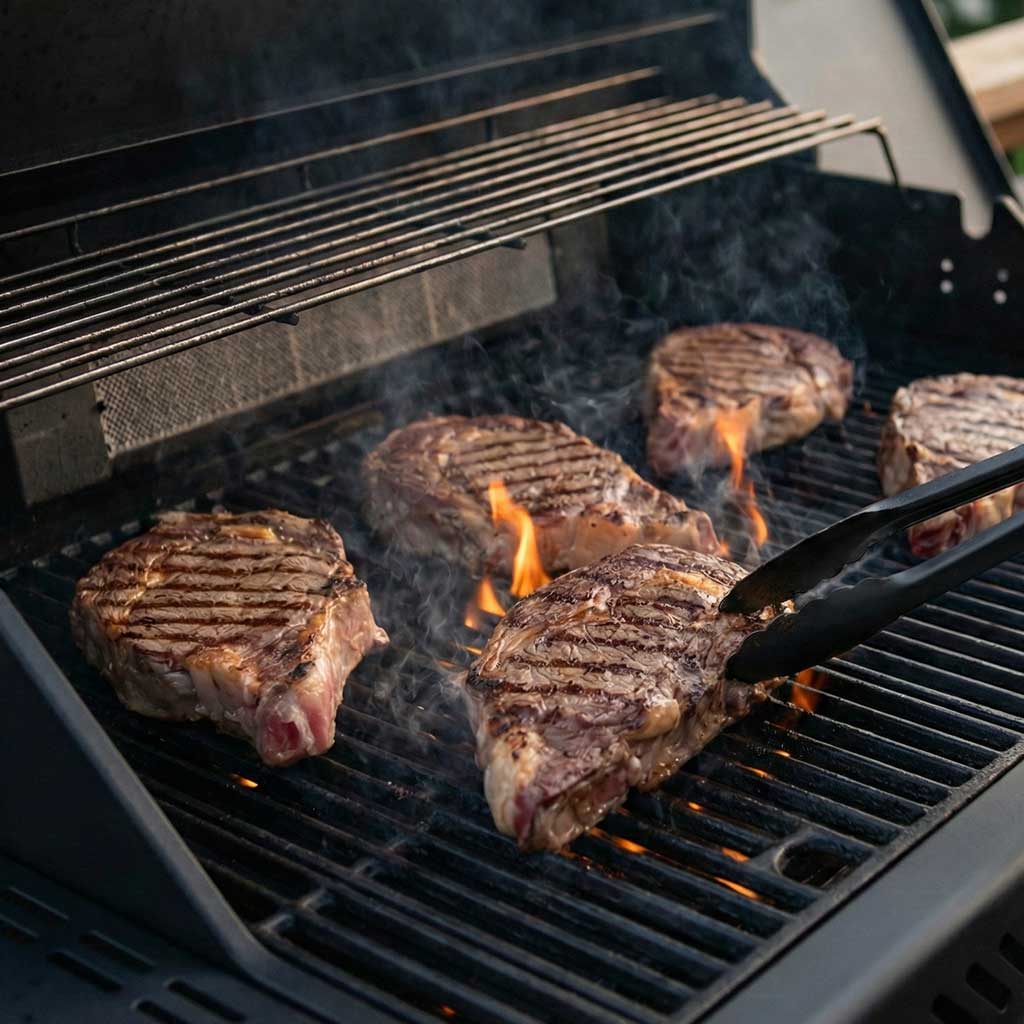 Ribeye-Steaks auf dem Grill mit Grillmarkierungen; Zange greift ein Steak, Flammen und Rauch steigen auf